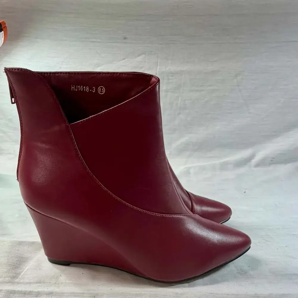 Allegra K Women's Pointed Toe Zipper Wedge Heel Ankle Booties Red Size 8.5 HJ161